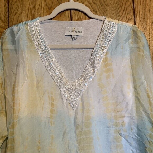 Belle France Womens Size Small Multicolor Abstract Silk Blend Embellished Blouse - Picture 2 of 5